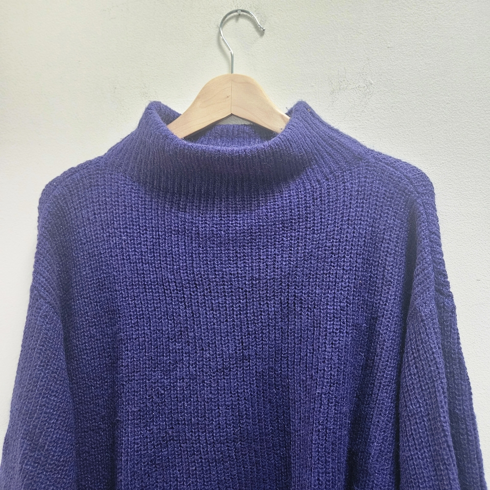 H&M Women's Oversized Ribbed Knit Sweater Size L Blue Mohair High Neck - Picture 5 of 8